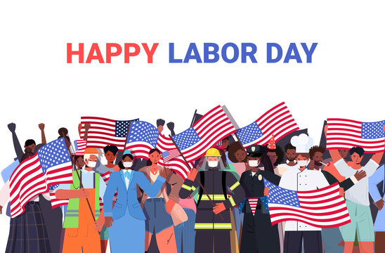 people of different occupations celebrating labor day mix race workers wearing masks to prevent coronavirus pandemic portrait horizontal vector illustration