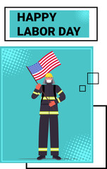 firefighter in uniform holding USA flag labor day celebration concept fireman wearing mask to prevent coronavirus pandemic full length vertical vector illustration