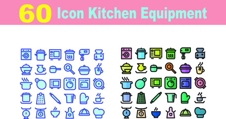60 Icon Flat Kitchen Equipment Line Style for any purposes website mobile app presentation