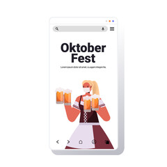 woman holding beer mugs Oktoberfest party festival celebration online communication concept girl in traditional clothes having fun smartphone screen portrait copy space vector illustration