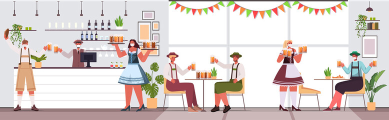 people in masks drinking beer in pub Oktoberfest party celebration coronavirus quarantine concept modern bar interior horizontal full length vector illustration