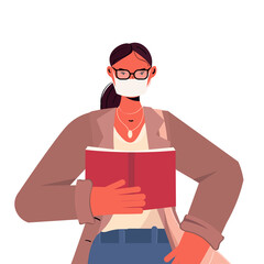 female teacher reading book labor day concept woman wearing mask to prevent coronavirus pandemic self isolation concept portrait vector illustration