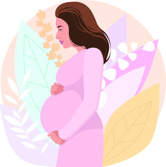 Side view of a beautiful pregnant woman with a belly. Pregnancy flat character with long hair on a botanical background. Modern flat vector illustration isolated on editable floral background.