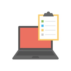 Laptop with checklist or clipboard icon illustration. Online survey icon.