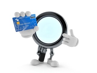 Magnifying glass character holding credit card