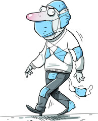 Hypochondriac man covered in medical masks
