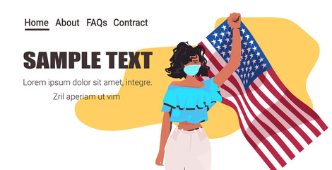 woman in mask holding USA flag labor day celebration coronavirus quarantine concept portrait horizontal copy space vector illustration