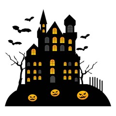 Happy Halloween with haunted house, bats, and pumpkin illustration. invitation template. vector illustration