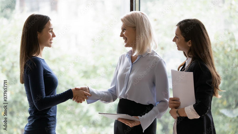 Sticker Smiling successful middle-aged businesswoman handshake female employee greeting with job promotion. Happy female boss shake hand get acquainted with woman colleague or business partner in office.