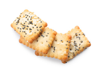 Delicious crispy crackers with poppy and sesame seeds isolated on white, top view
