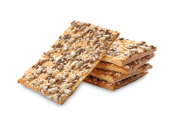 Stack of delicious crispy crackers with different seeds isolated on white