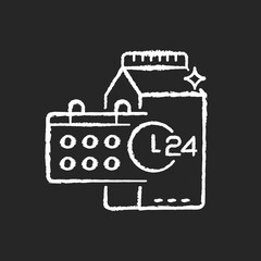 Product dates chalk white icon on black background. Expiration deadline for milk. Grocery food. 24 7 supermarket. Healthy eating. Buy dairy for dietary. Isolated vector chalkboard illustration