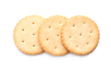 Delicious crispy crackers isolated on white, top view