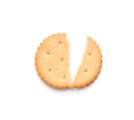Broken delicious crispy cracker isolated on white, top view