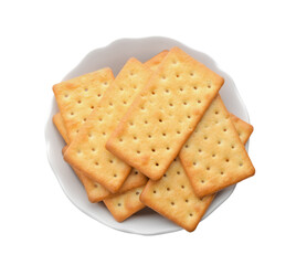 Delicious crackers in bowl isolated on white, top view