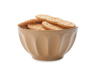 Delicious crackers in bowl isolated on white