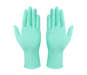 Medical nitrile gloves.Two green surgical gloves isolated on white background with hands. Rubber glove manufacturing, human hand is wearing a latex glove. Doctor or nurse putting on protective gloves