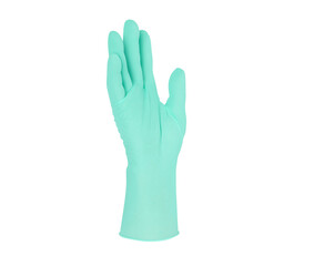 Medical nitrile gloves.Two green surgical gloves isolated on white background with hands. Rubber glove manufacturing, human hand is wearing a latex glove. Doctor or nurse putting on protective gloves