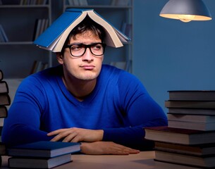 Student preparing for exams late at night in library