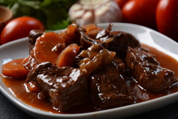 Beef Bourguignon in a pan. Stew with red wine ,carrots, onions, garlic, a bouquet garni, and garnished with pearl onions, mushrooms and bacon. French cuisine- regional recipe from Burgundy