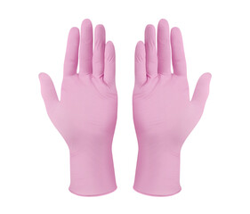Obraz premium Medical nitrile gloves.Two pink surgical gloves isolated on white background with hands. Rubber glove manufacturing, human hand is wearing a latex glove. Doctor or nurse putting on protective gloves