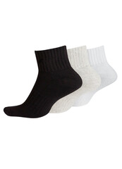 Set of short socks white, grey, black isolated on white background. Three pair of socks in different colors. Sock for sports on invisible foot as mock up for advertising, branding, design.