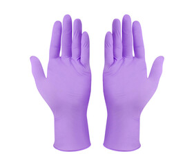 Medical nitrile gloves.Two violet surgical gloves isolated on white background with hands. Rubber glove manufacturing, human hand is wearing a latex glove. Doctor or nurse putting on protective gloves