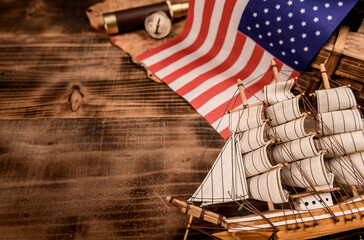 Columbus Day background. Map and discovery of old equipment. Exploration and history of America in...