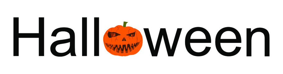 Halloween word sign vector illustration isolated on white. Pumpkin scary face laughing. Happy Jack O Lantern. Spooky  and scary night scene.