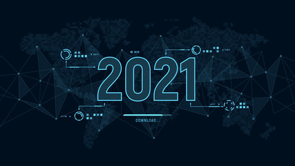 Modern futuristic template for 2021 on background with polygons connection structure and world map in pixels. Digital data visualization. Business technology concept. Vector illustration