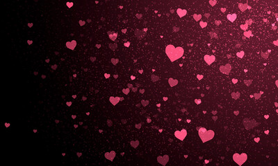 Dark abstract bright pink glowing background with many hearts and bright pink light. Pink hearts on a black background.
