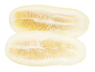 Seeds on a ripe cucumber close-up on a white