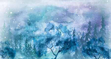 Watercolor painting, illustration, greeting card. Forest, suburban landscape, silhouettes of fir trees, pines, trees and bushes, the night sky with stars,snowflake. Oak, maple. Blue, purple color