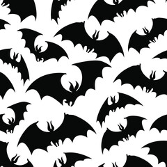 Vector halloween  seamless pattern : black silhouettes of flying bats on white. Holiday design for textile, wrapping paper, scrapbooking, card, poster, party decor.