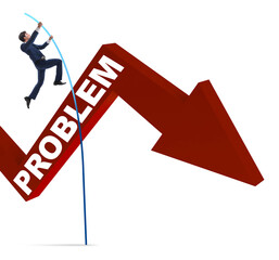 Businessman pole vaulting over problems in business concept