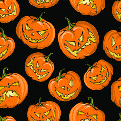 Vector seamless pattern : halloween orange pumpkins jack-o-lantern smiling and scary on black. Holiday design for textile, wrapping paper. scrapbooking, cards.