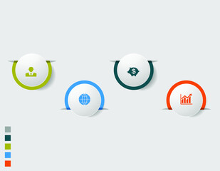 Business data visualization, infographics. Scheme of the process elements with the help of graphics, diagrams, circles are cut into four stages, icons, options, parts. Business vector for presentation