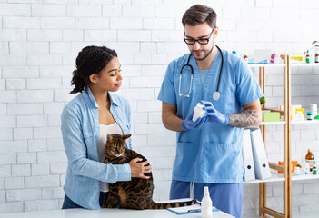 Male veterinarian doc suggesting effective pills to cat owner at animal hospital