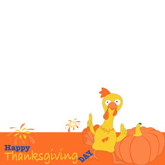 Vector illustration design concept of Happy Thanksgiving Day with Text and a Turkey standing near pumpkin silhouette with yellow background. Thanksgiving greeting card, poster or flyer for holiday