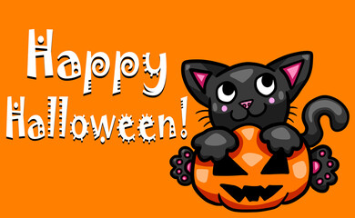 Stylized Happy Halloween Card With a Black Cat Hugging a Pumpkin