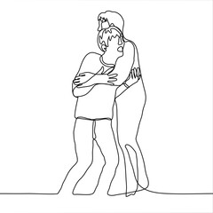 two men stand, one screams and rushes to go / run somewhere, and the second restrains him in place by hugging him (tightly wrapping his arms). one continuous line art concept support, restrain someone
