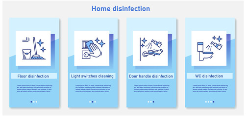 Home disinfection onboarding mobile app page screens.Floor, light switches, handles, WC cleaning.Preventing virus spread concepts set.Steps menu instructions.UI, UX web template with RGB linear icons 