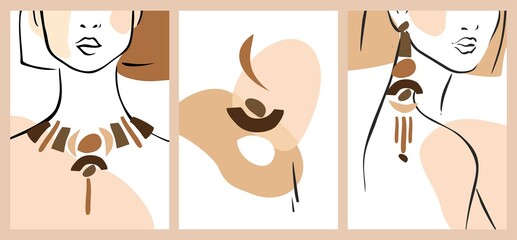 Set of fashion posters drawn with a black line, abstract cut-out shapes in a trendy style. Portraits with boho-style jewelry isolated on white. Background for notebook, brochures. Vector illustration.