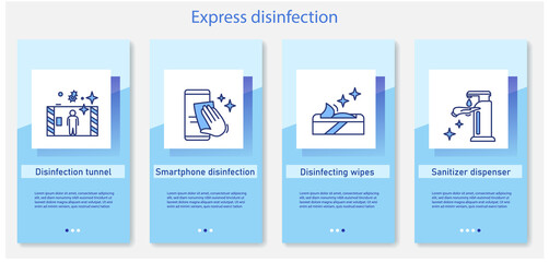 Express disinfection onboarding mobile app page screens. Disinfication tunnels,smartphone cleaning,antibacterial wipes,sanitiser dispenser.Preventing virus spread concept. UI, UX web template 