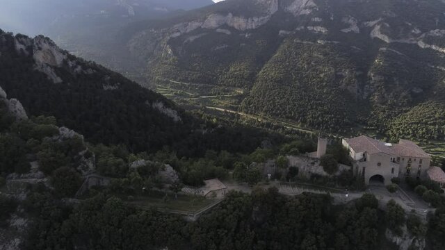 Mountans in Sanctuary of Queralt in Berga. Barcelona. Catalonia,Spain. Aerial Drone Footage