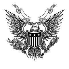 Eagle with shield and ribbon. Vector illustration of bald eagle with shield, arrows and olive branch in engraving technique. Isolated on white.