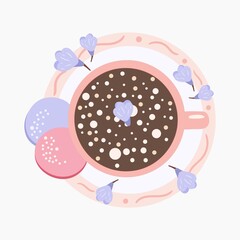Cozy hot beverage and cookies. Cup of hot chocolate with marshmallows. Vector illustration for icon, poster, banner. Isolated on white background.