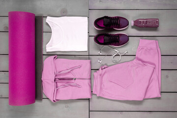 Overhead, flat lay of womans workout outfit.