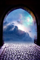 beautiful gate with blue Universe, stars, cloudy sky and mystical light like angel, divine,...