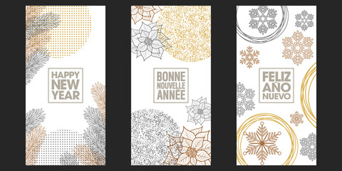 2021 - 3 cartes hauteur ou flyers pour le nouvel an, avec en décoration des fleurs, des branches de sapin et des cristaux de glace - texte français, anglais, espagnol - traduction : bonne nouvelle ann